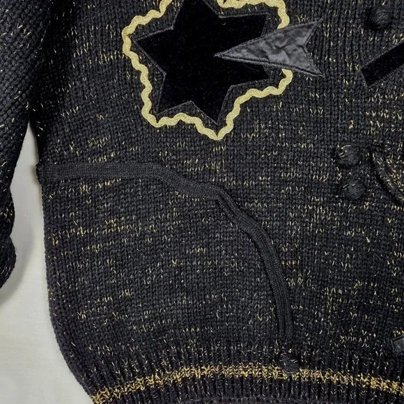 Vintage 80s Celestial Gold Sparkle Star Velvet Patch Mock Neck Sweater Womens L‎ - Picture 6 of 16